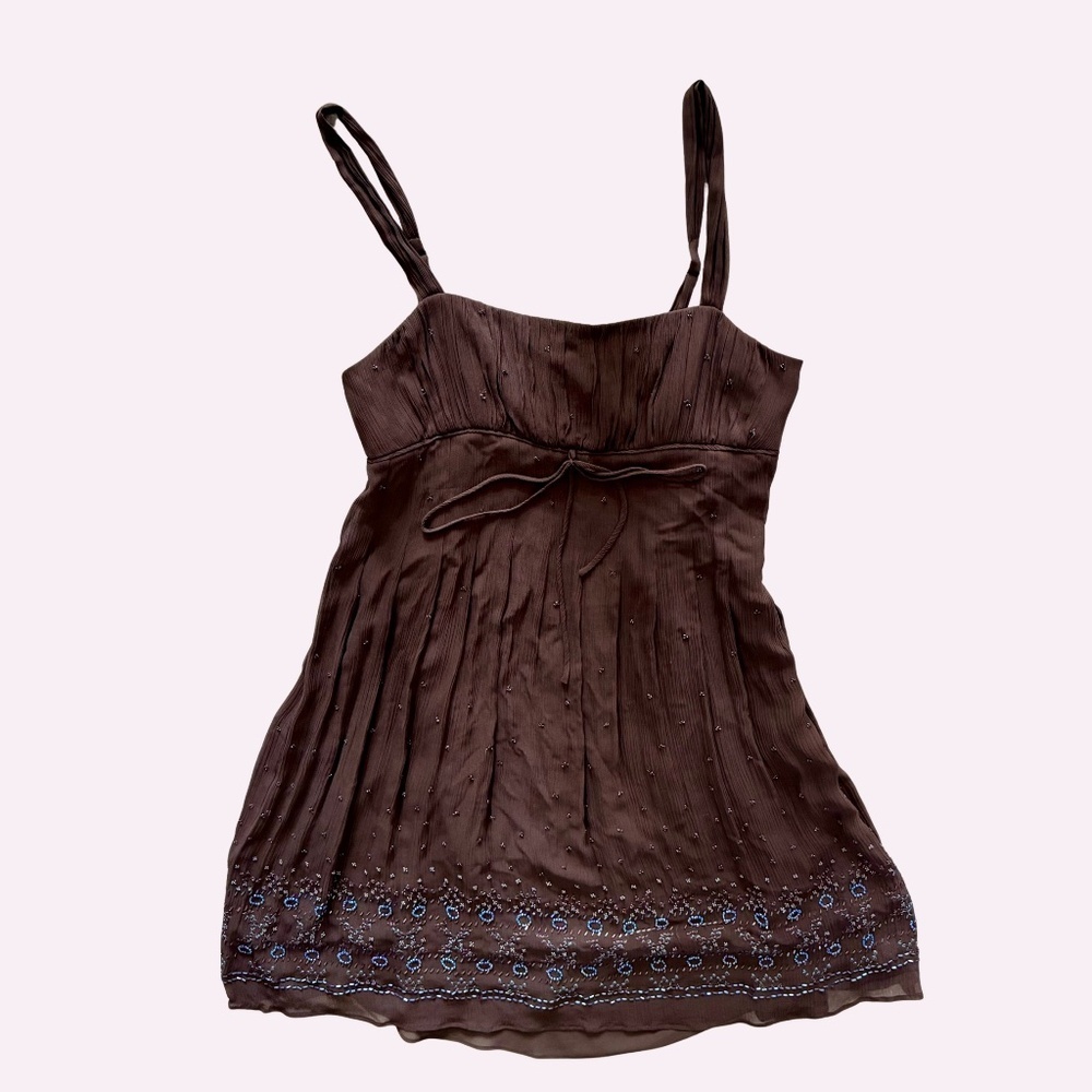 Y2K Vintage BCBG Silk Beaded Brown Babydoll Dress Blue Beads Size Large
